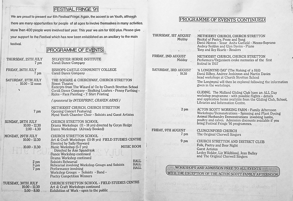 Photocopy tour programme for Shout performance 1991